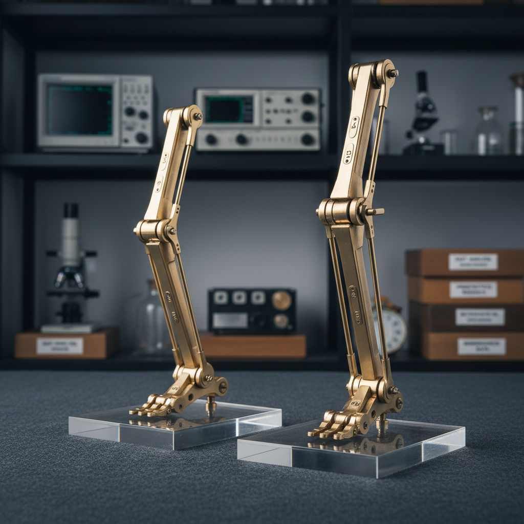 A pair of finely engineered mechanical models demonstrating the gait cycle: two articulated brass and brushed-steel leg assemblies mounted on clear acrylic bases, their joints connected by precisely numbered rods and tiny engraved plates. They rest on a charcoal-grey felt surface in a modern research laboratory, with blurred shelves of scientific instruments and neatly labeled archival boxes in the background. Cool, even studio lighting illuminates every hinge and screw, creating crisp reflections along metal edges and subtle gradients across the surfaces. Photographic realism with a clean, analytical mood, captured from a low, close-up angle, shallow depth of field emphasizing the foremost mechanism, visually translating the history of studying human movement into elegant mechanical form.