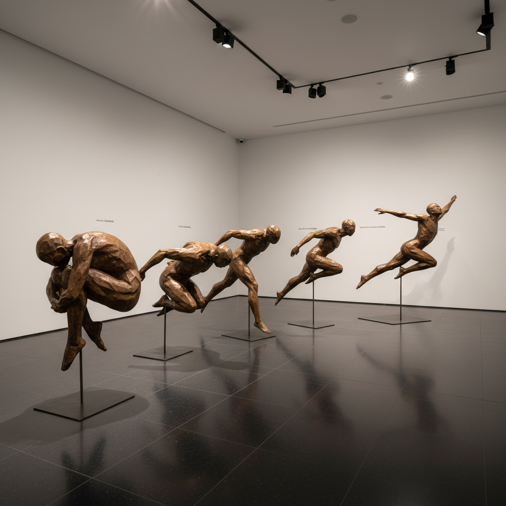 An exquisitely crafted sequence of bronze sculptures, each representing a different phase of a single fluid human movement, reduced to abstract, faceted forms without facial detail. The sculptures are arranged in a gentle arc on a polished basalt floor within a minimalist gallery space, white walls punctuated by discrete plaques of historical dates. Overhead track lighting creates refined pools of soft, directional light, accentuating the metal’s patina and casting overlapping shadows that visually narrate motion through time. Photographic realism with a calm, contemplative atmosphere, captured from a slightly elevated three-quarter angle, deep focus revealing subtle surface textures and precise spacing between figures, evoking the evolution of knowledge about the human body in motion.