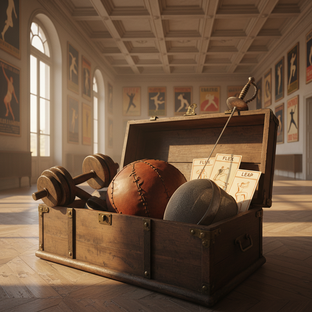 An open, antique wooden chest revealing a curated collection of historical movement tools: polished wooden dumbbells with worn handles, a cracked leather medicine ball, a beautifully patinated fencing mask resting beside a slender, engraved foil, and a stack of illustrated exercise cards with Art Deco styling. The chest sits on aged parquet flooring in a high-ceilinged salon adorned with framed vintage posters of athletic figures reduced to geometric silhouettes. Golden hour light streams through tall windows, bathing the scene in a warm, nostalgic glow and casting diagonal shadows across the objects. Photographic realism with a refined, almost cinematic atmosphere, shot at a three-quarter angle with moderate depth of field, inviting contemplation of how the culture of the moving body has evolved.